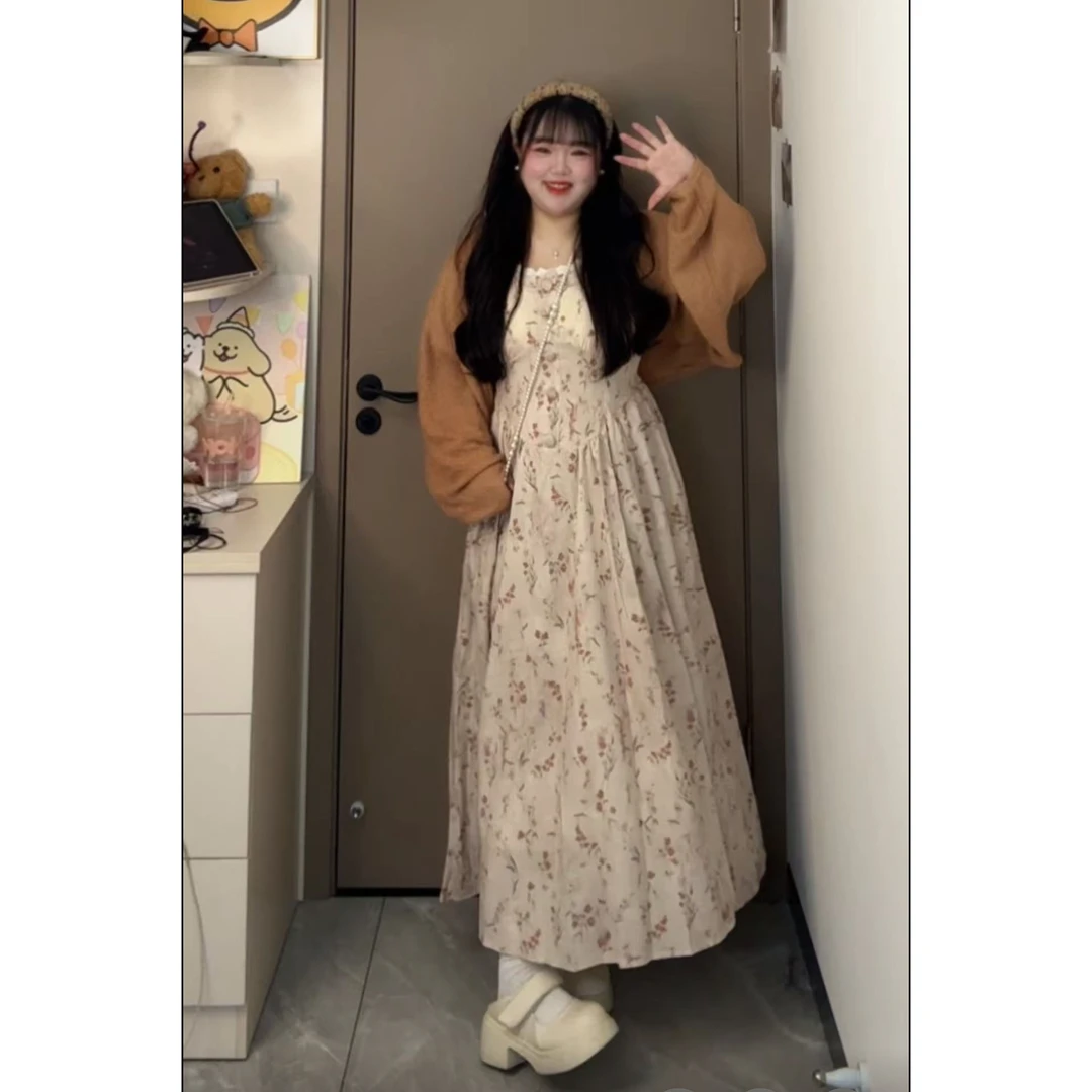 大码女装法式碎花吊带连衣裙女胖mm新款温柔风收腰显59062