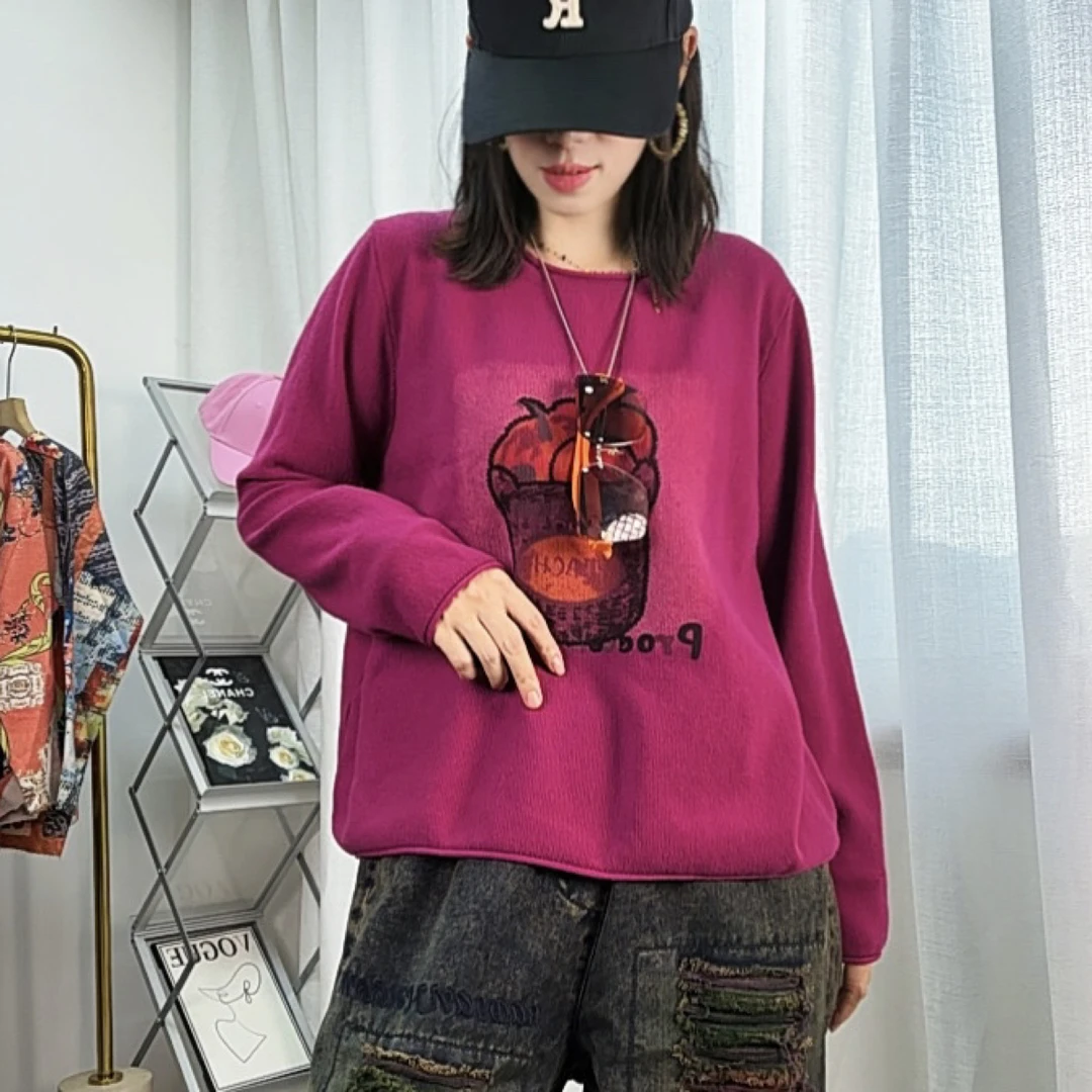 秋季潮流时尚长袖宽松型套头圆领印花棉卫衣女装红色上衣针织毛衣
