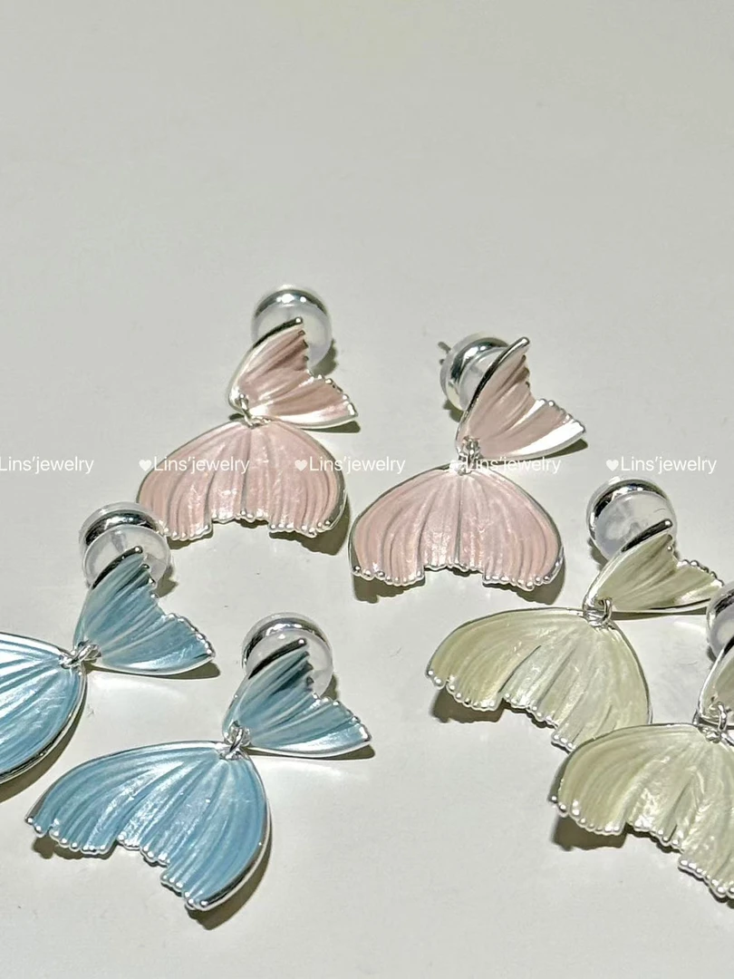 铜合金耳饰 超仙气小鱼尾耳钉~流苏梦幻仙女风彩色少女甜美