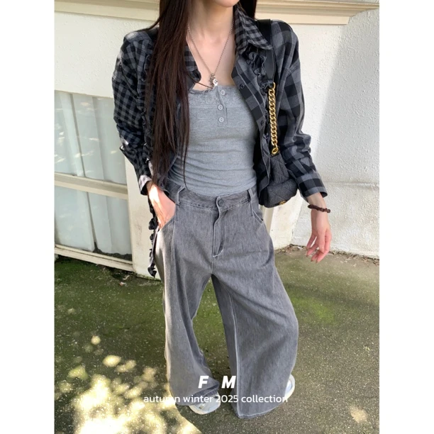 【赵小小&时髦公式】8299 早秋复古褶皱流苏格纹拼接长袖衬衫女上衣