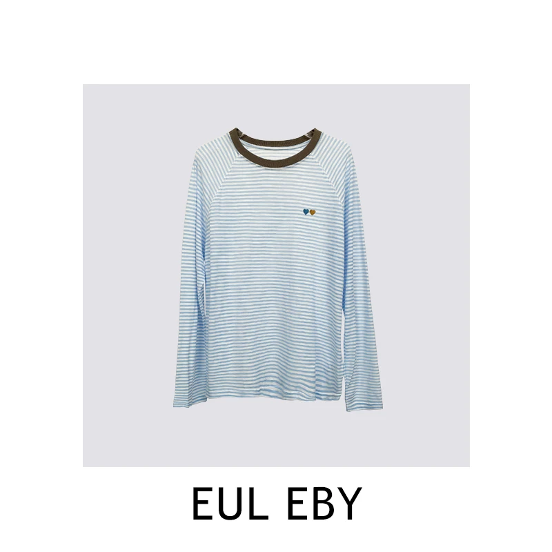 【清】蓝白条纹时尚休闲百搭小爱心刺绣防晒长袖T恤241449#