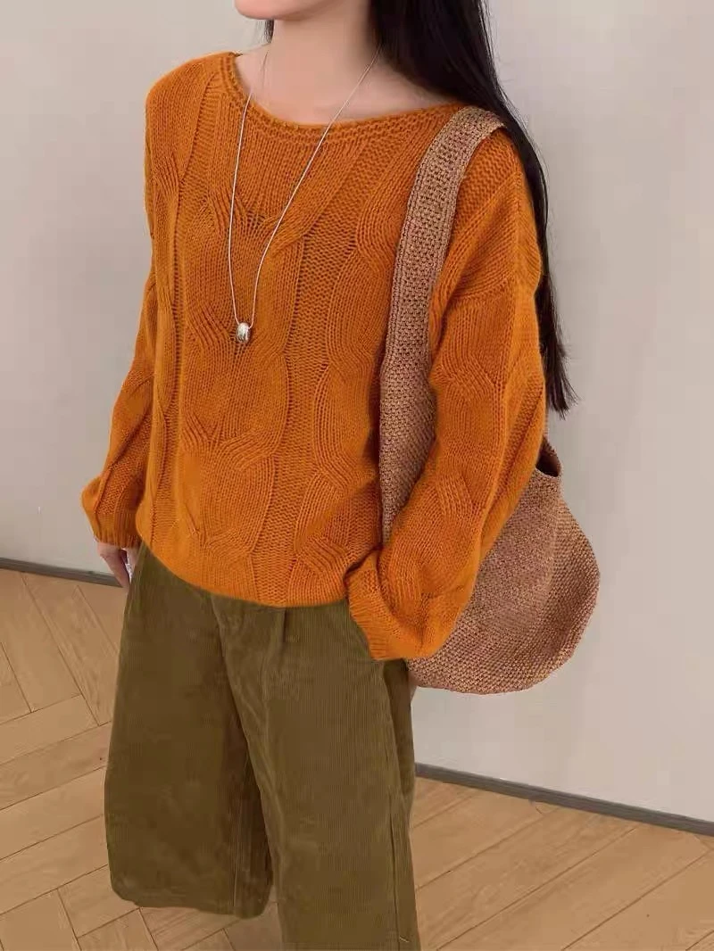 【绵羊毛+羊驼毛】一字领大麻花长袖针织衫百搭宽松套头毛衣
