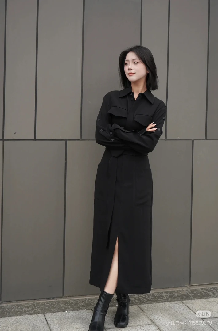 哥家早春通勤风衣式翻领连衣裙