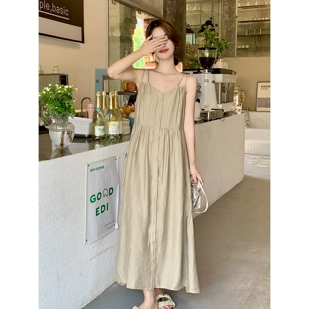 0943女夏2025年新款别致独特吊带宽松休闲度假海边沙滩棉麻连衣裙