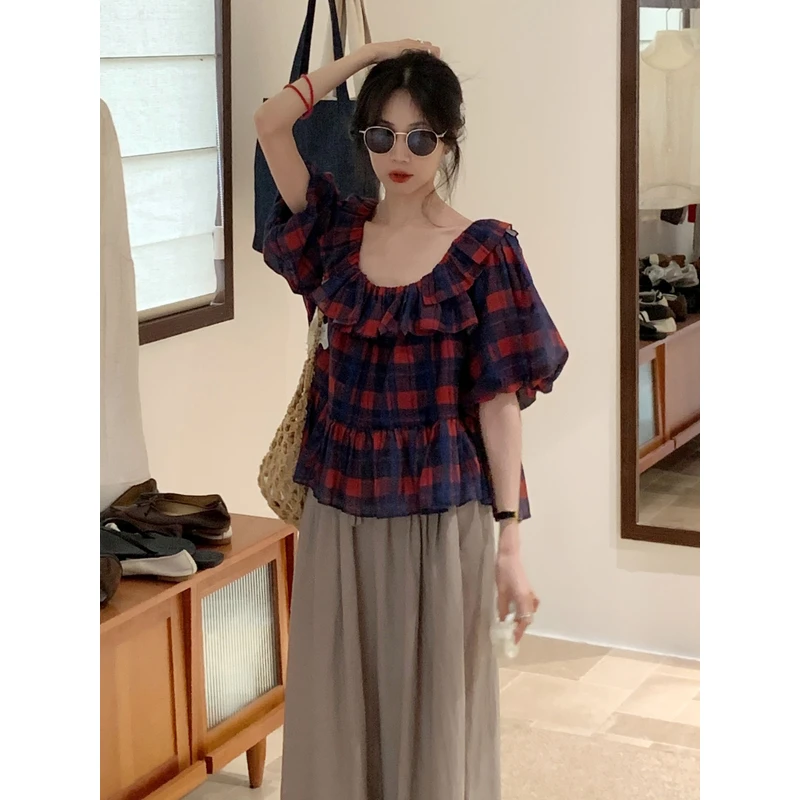 YNVN韩系格子泡泡袖衬衣小衫女2025夏季新款小个子短款娃娃衫上衣