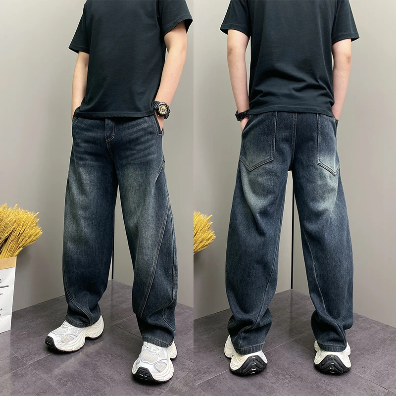 2025冬季新款加绒潮牌复古洗水弯刀牛仔裤男直筒宽松百搭阔腿长裤