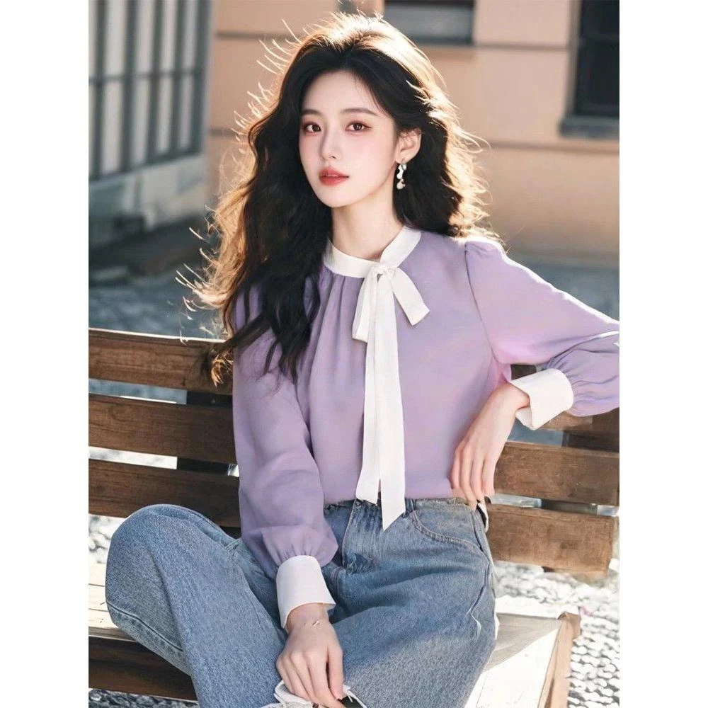 法式高级感拼色圆领蝴蝶结雪纺衬衫女2025春季设计感气质长袖上衣