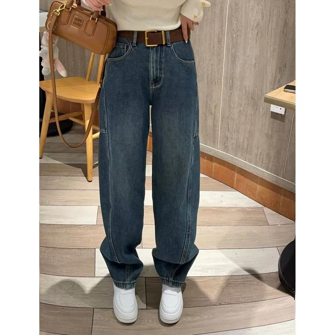 【高腰弯刀裤】冬季 加绒高腰松弛感拼接牛仔裤 时尚调性阔腿裤