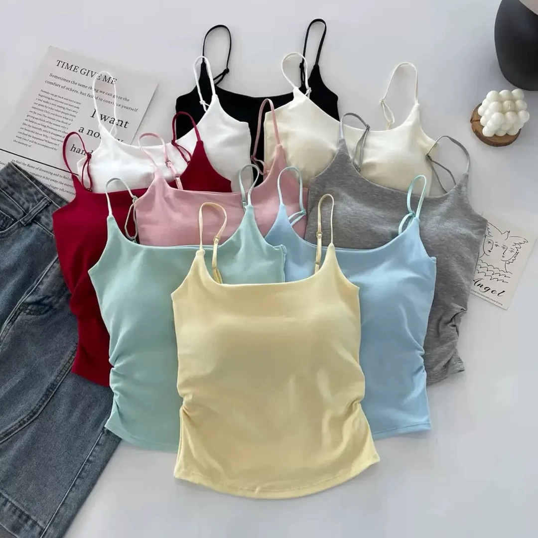 纯欲百搭小吊带设计感褶皱性感美背背心女带胸垫内搭外穿显瘦上衣