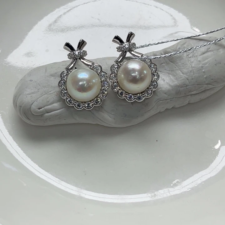 银S925镶嵌耳饰海水珍珠7-8mm55号