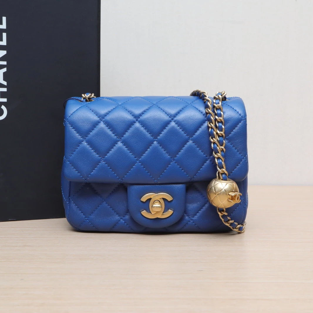 95新 Chanel/香奈儿 【双双】CF 口盖包方胖子 17 蓝色金球调节扣