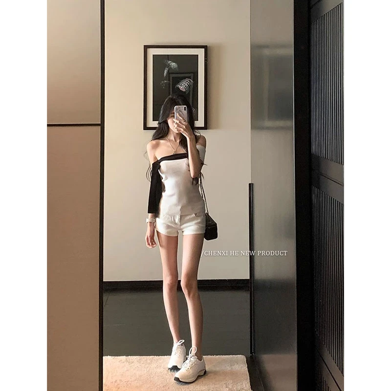 辣妹风性感风INS风时尚套装设计感撞色小众飘带抹胸上衣高腰短裤