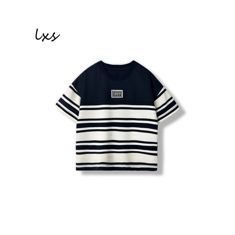 舅舅严选童装男童夏季款1977百搭时尚黑白条纹宽松圆领短袖C88210