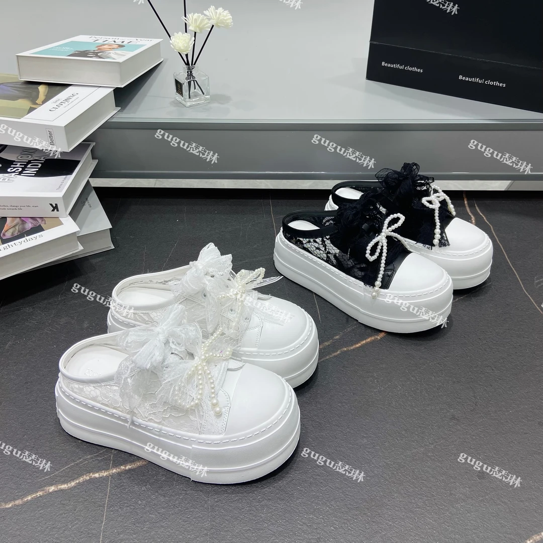 包头半拖鞋女夏季外穿2025新款蕾丝网面透气厚底增高休闲小白鞋