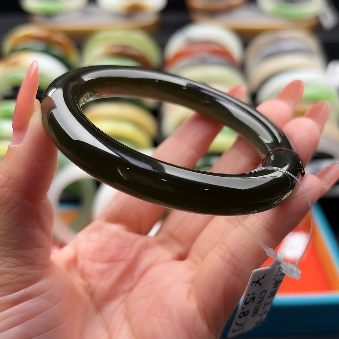 和田玉未镶嵌手镯黑金冰底猫眼57.1