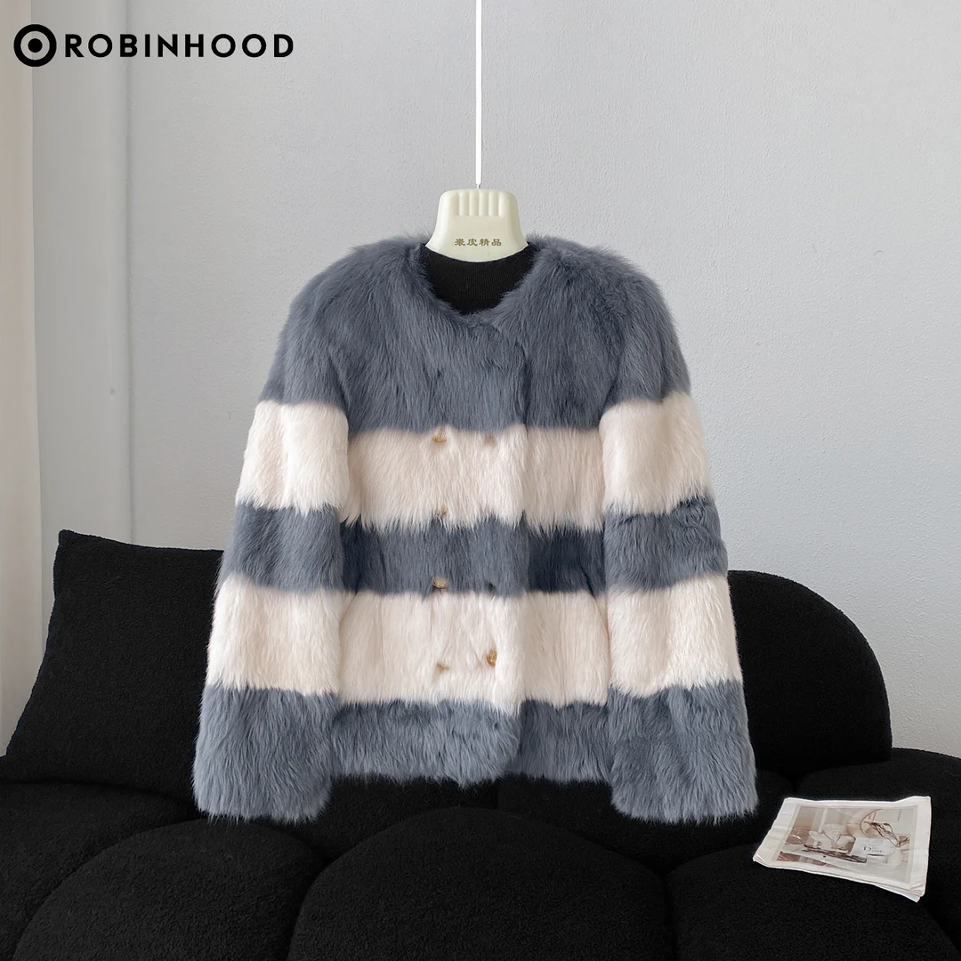 ROBINHOOD/罗宾汉2R5339冬季休闲时尚拼色圆领保暖羊皮毛一体外套