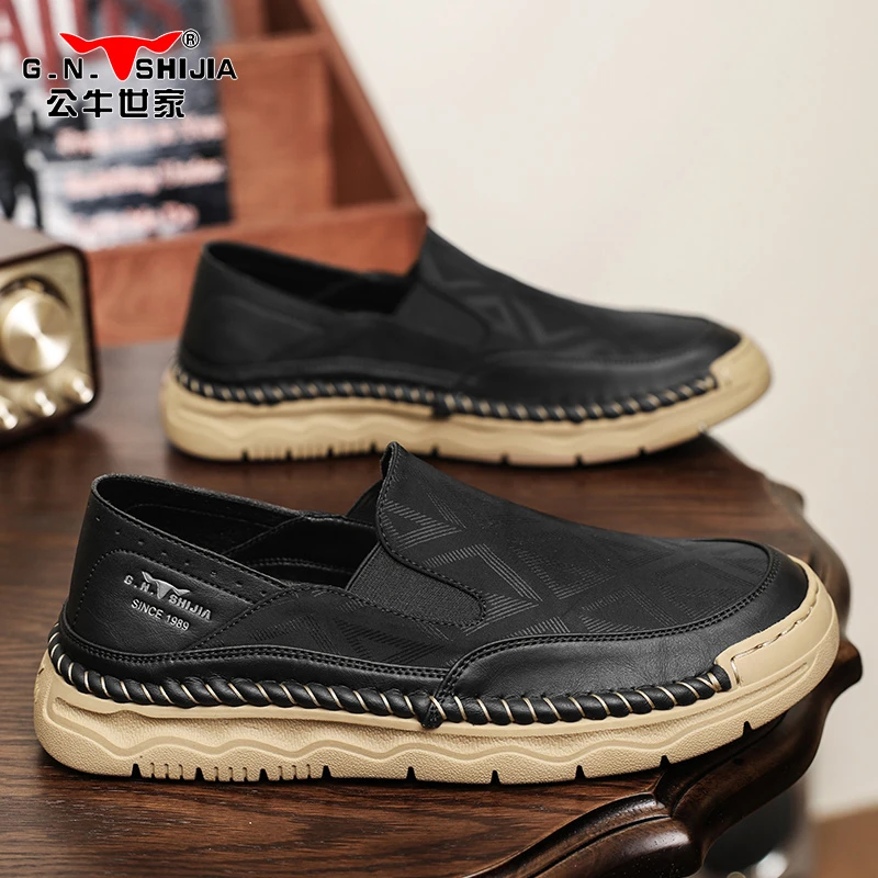 公牛世家男鞋夏季手工休闲潮鞋男款一脚蹬懒人百搭透气帆布板鞋男