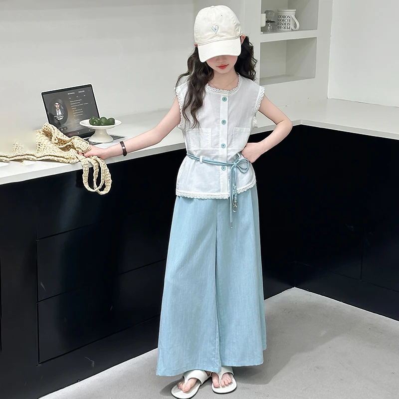 女童夏季慵懒风套装2025儿童洋气无袖衬衫小女孩时髦阔腿裤两件套
