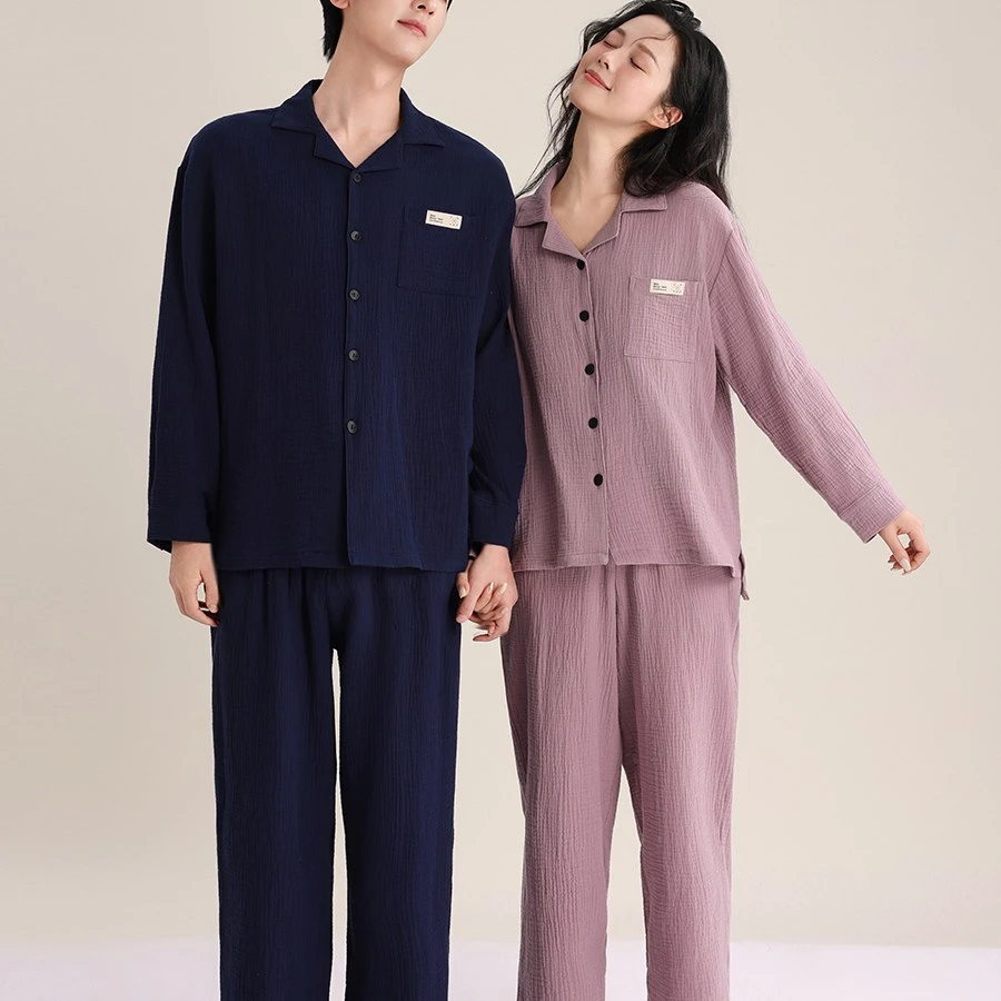 超柔软睡衣女士双层纱布纯棉长袖春秋夏翻领长袖薄款男情侣家居服