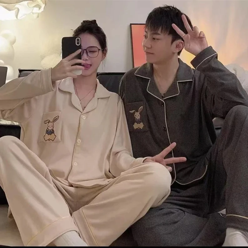 卡通兔子情侣装睡衣男女生春秋款长袖纯棉纱布大码学生套装家居服