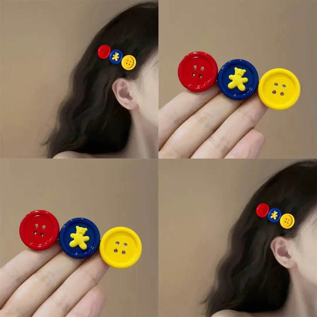 可爱撞色小熊纽扣发夹时尚百搭侧边刘海少女心鸭嘴夹新品头饰A998