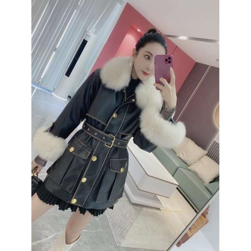 【橦颜推荐】复古毛毛领大口袋拼接皮衣628