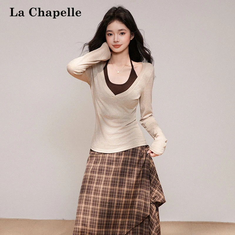 拉夏贝尔V领撞色辣妹针织衫长袖上衣女秋叠穿挂脖吊带背心两件套