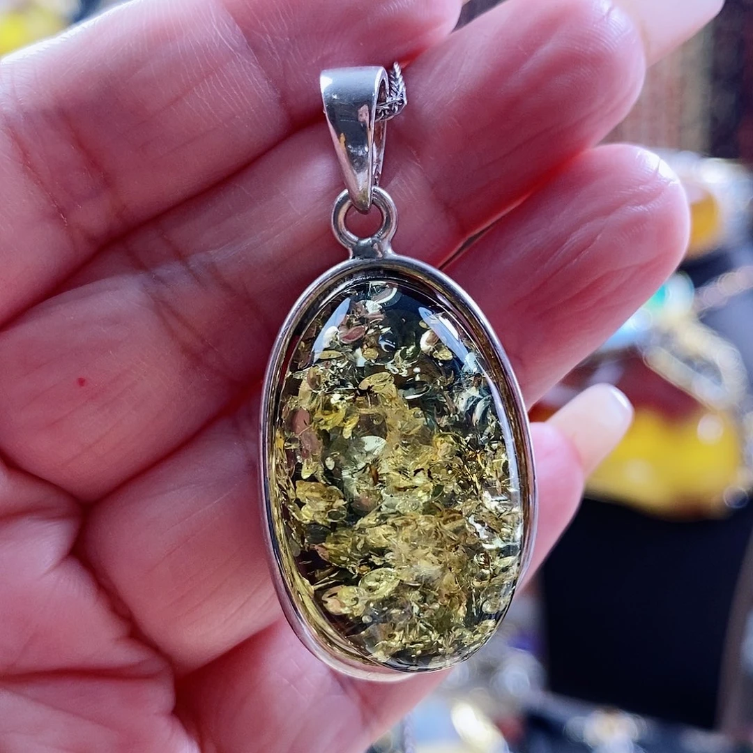 琥珀颈饰银S925镶嵌吊坠