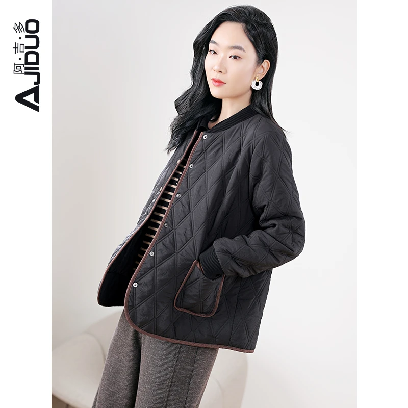 阿吉多黑色棉服外套女秋冬2025新款轻薄夹棉小棉袄大码棉衣A20573