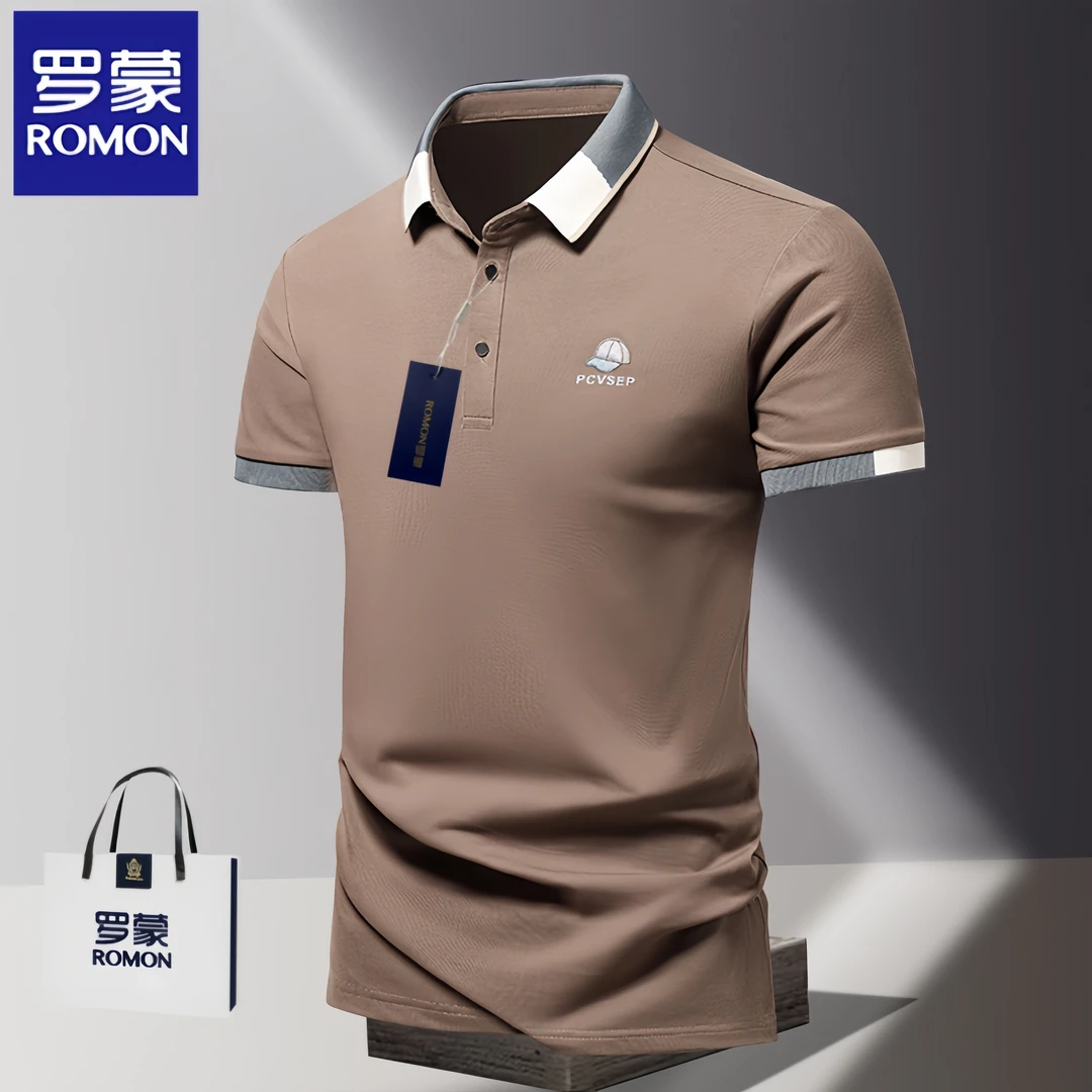 Romon/罗蒙运动T恤男士夏薄款休闲跑步健身透气翻领棉短袖polo衫