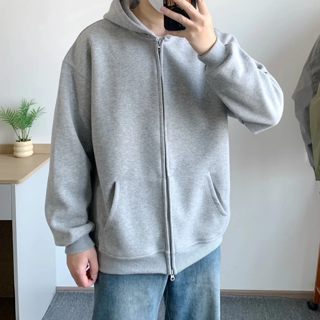 双11美式连帽开衫卫衣外套男款男士韩版宽松加绒秋冬双拉链上衣