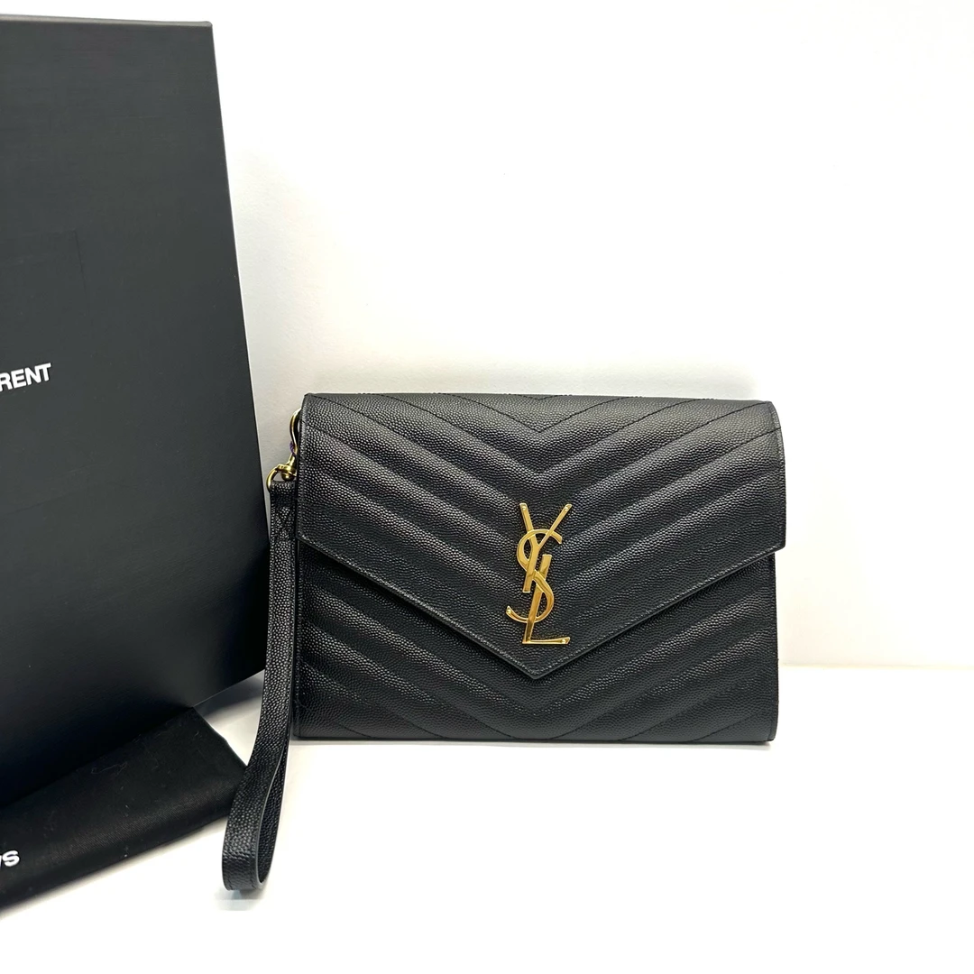 99新 YSL/圣罗兰 Ymonogram系列黑金荔枝纹手拿包