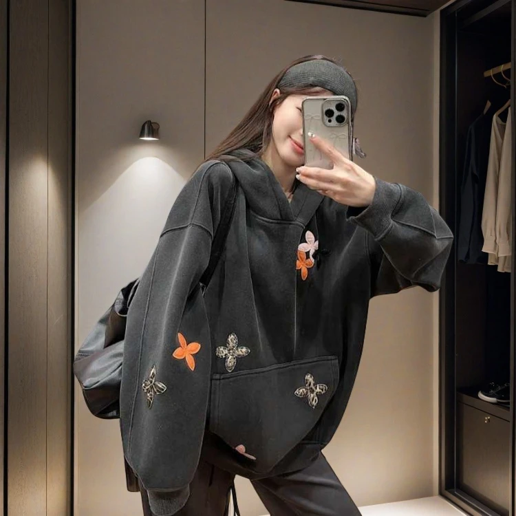 韩版特大码300斤美式复古重工贴皮刺绣卫衣冬季宽松连帽外套女ins