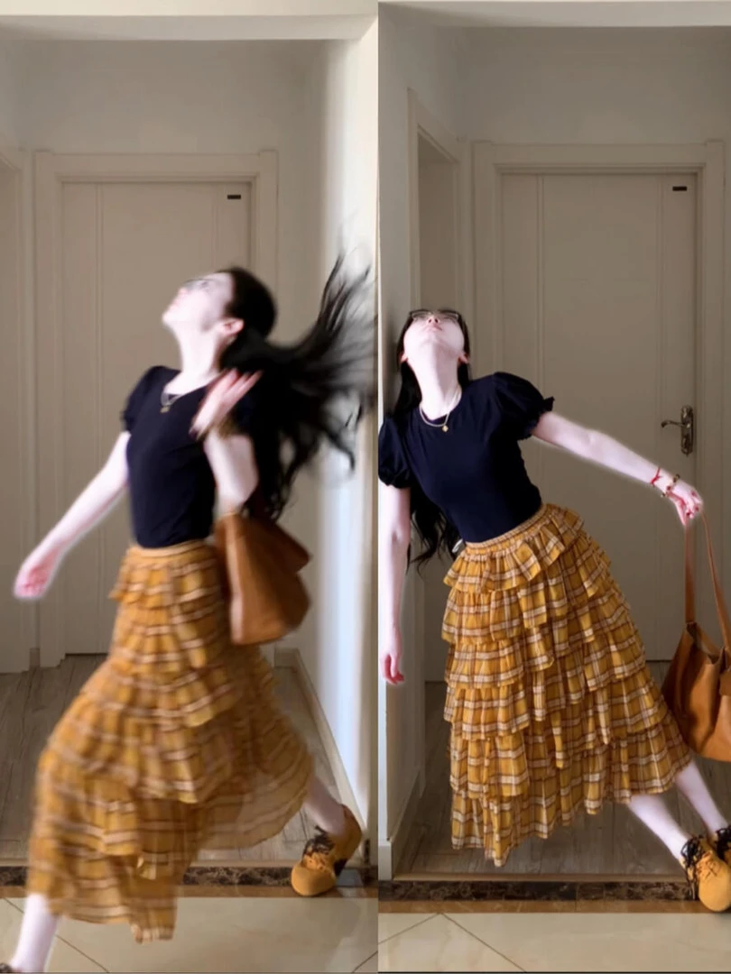 新款高腰松紧蓬蓬裙法式小众设计感黄色格子蛋糕裙+黑色T恤套装