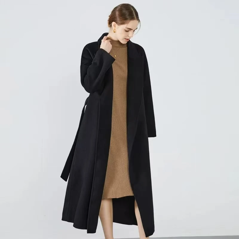 轻职风纯色秋冬长款翻领毛呢外套百搭气质网红