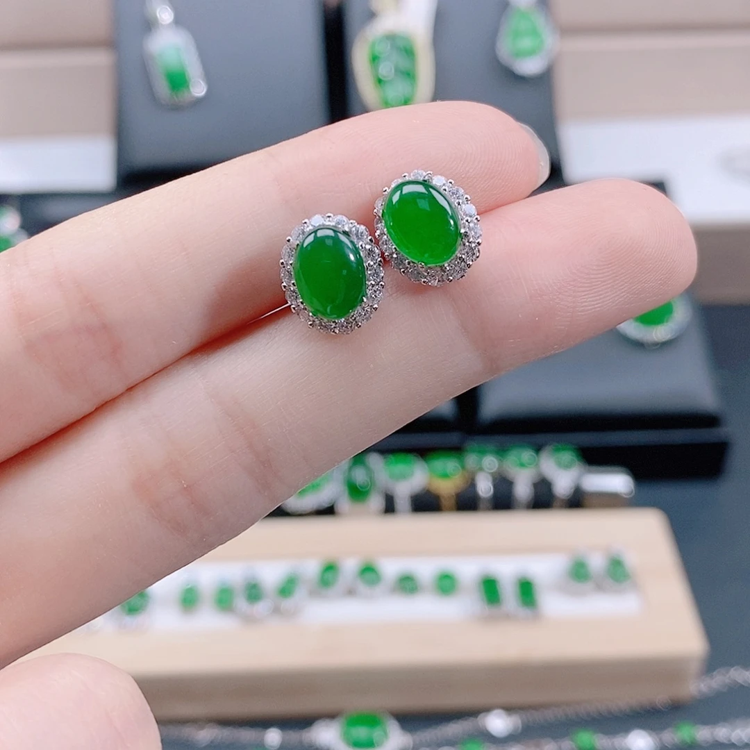 翡翠银S925镶嵌耳饰天然翡翠
