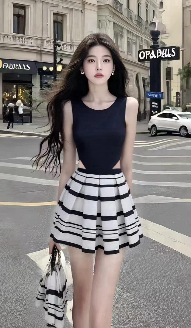 温柔风极简显瘦穿搭黑色圆领无袖不规则上衣+黑白条纹百褶半身裙
