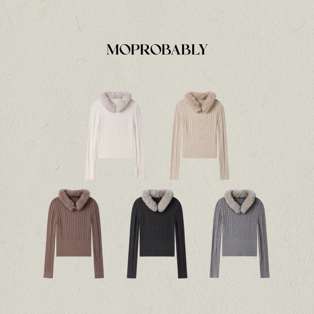 Moprobably李予诺「可艾」麻花纹收腰可拆卸毛领套头针织衫L5476167