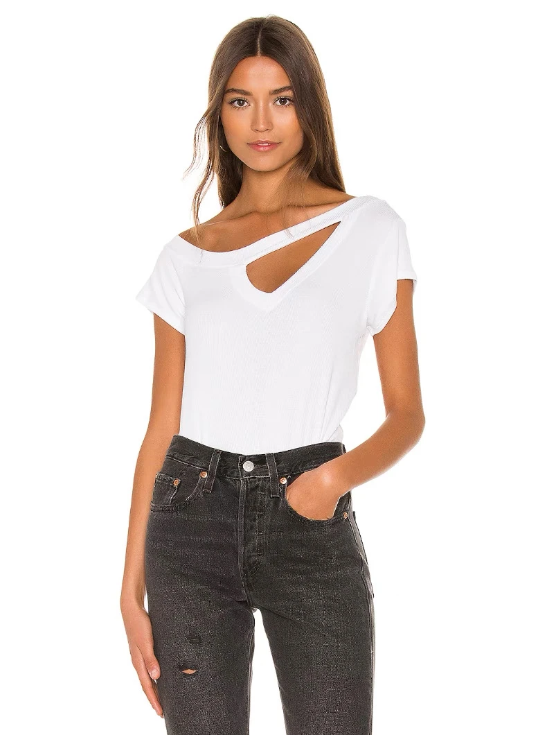 GABBY镂空斜肩舒服面料百搭T恤上衣insL1277清冷系禅意衣服女