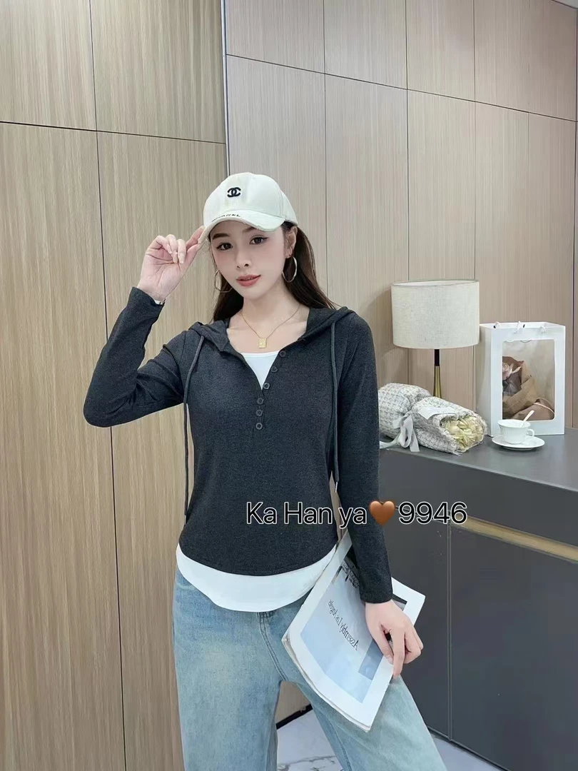 慵懒风连帽假两件女春夏显瘦运动休闲女春装短上衣长袖T工厂直销