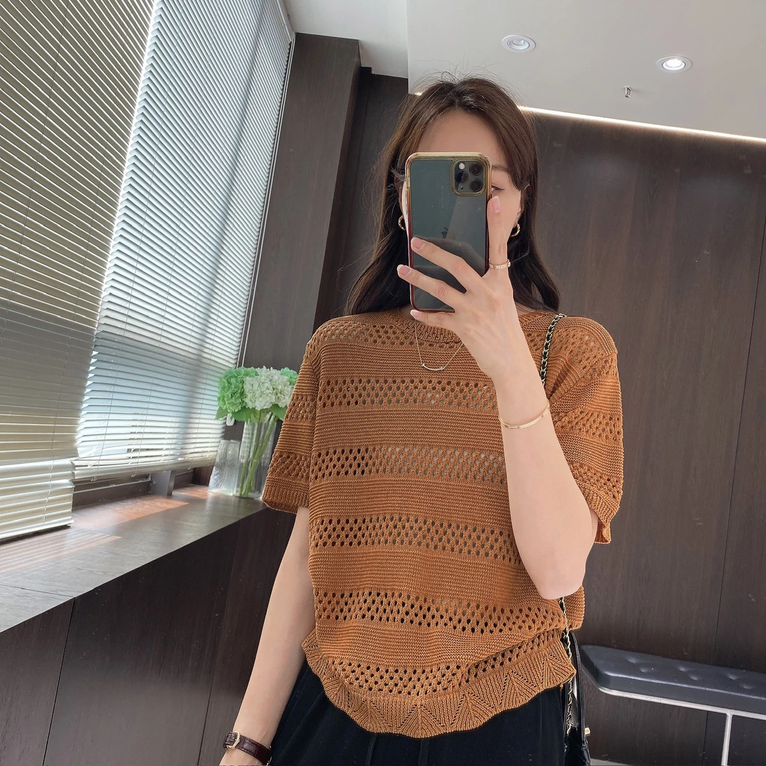 IMFLY金小金自制女装 莱赛尔针织衫DYW9239条纹镂空针织短袖女
