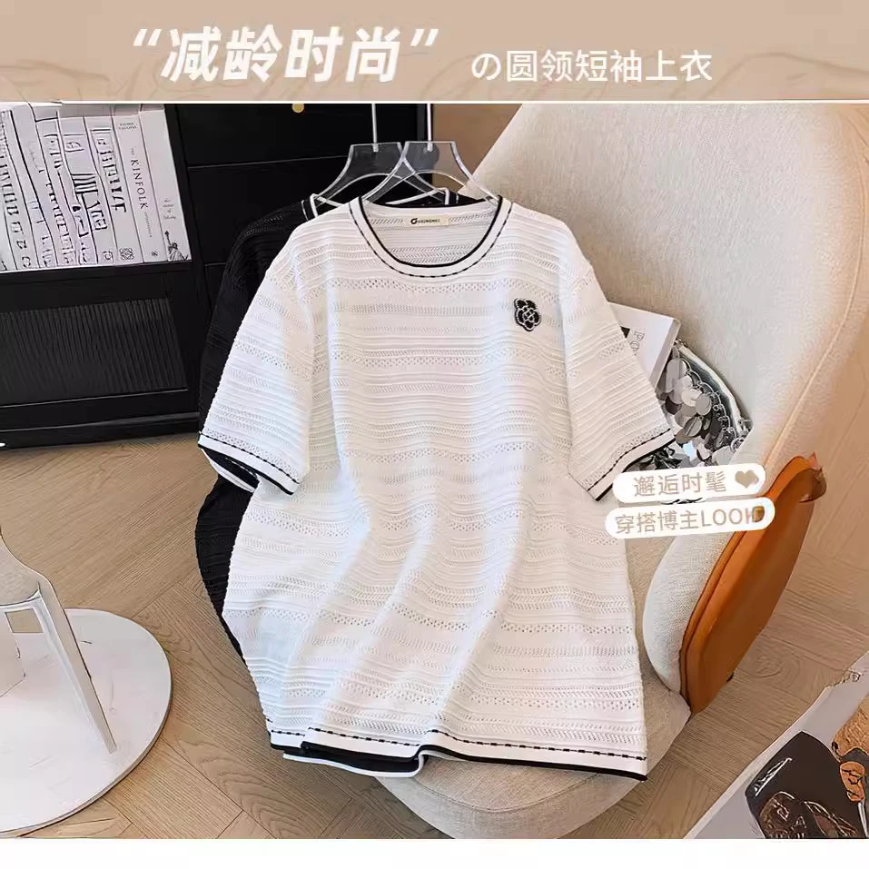 zz2666大码女装胖MM宽松显瘦冰丝针织衫短袖圆领上衣