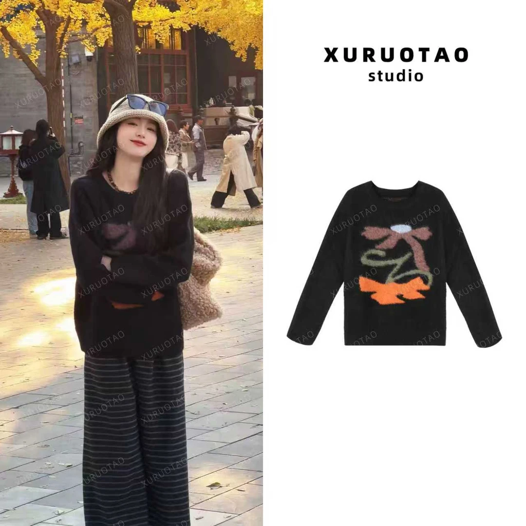 XURUOTAO【梵高毛衣】羊毛混纺毛织花朵设计感显瘦黑色上衣 T5842