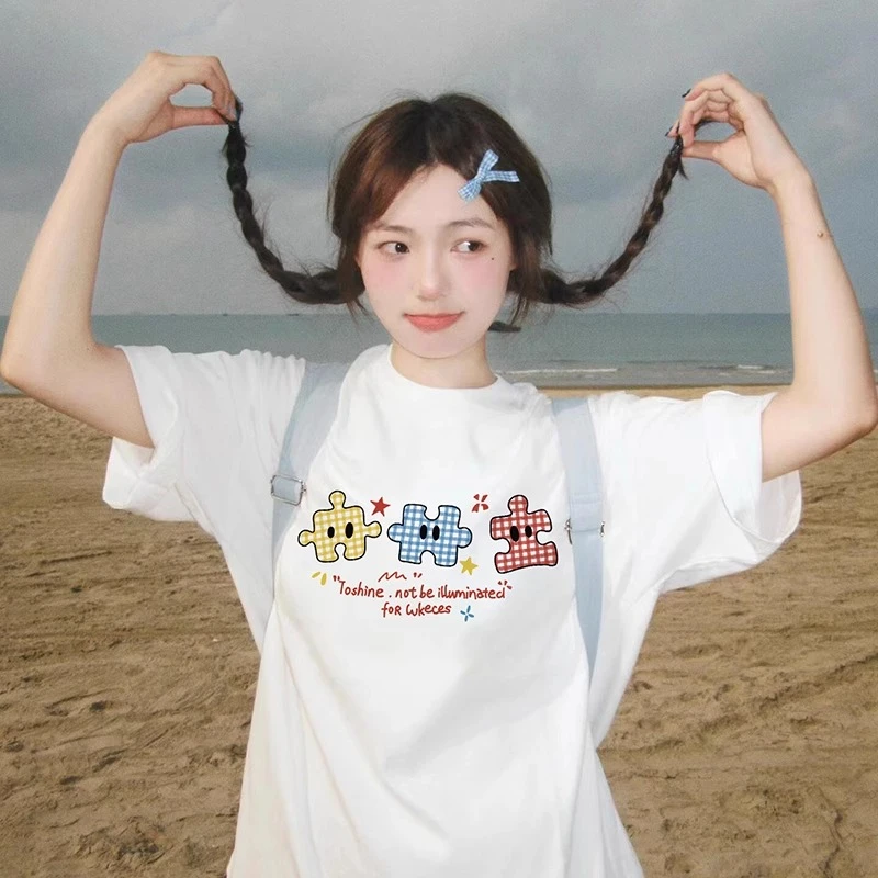 白色短袖T恤女夏可爱印花小个子2025新款宽松慵懒风潮牌半袖上衣