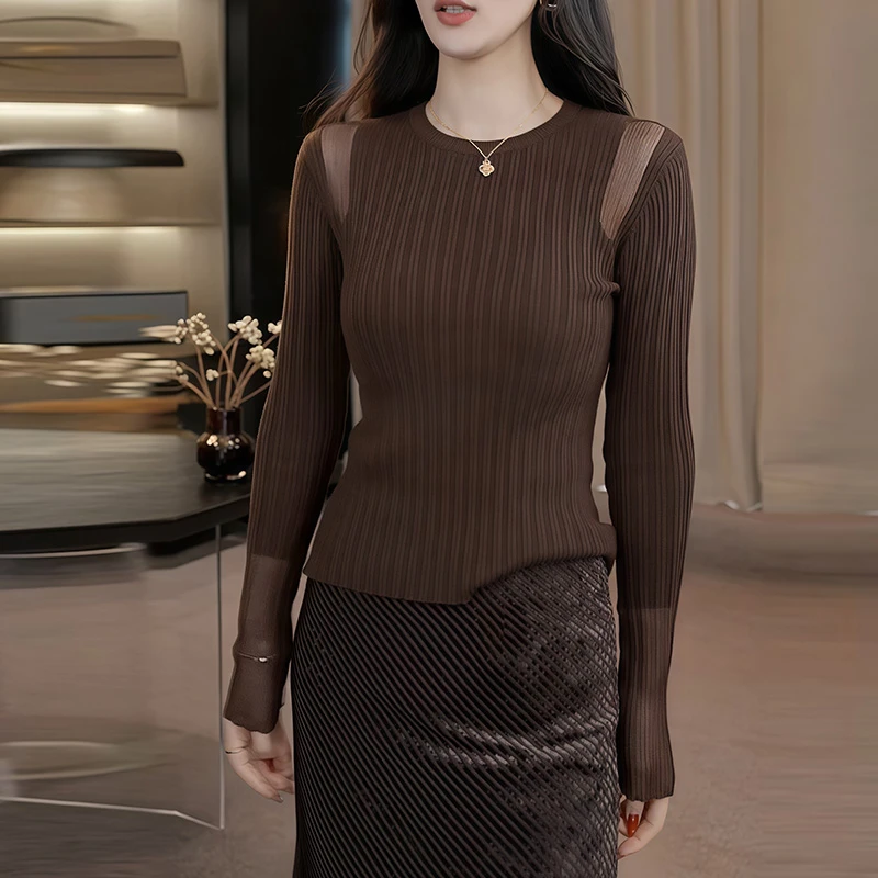 法式复古长袖圆领镂空针织衫女2026秋季新款毛衣修身内搭打底上衣