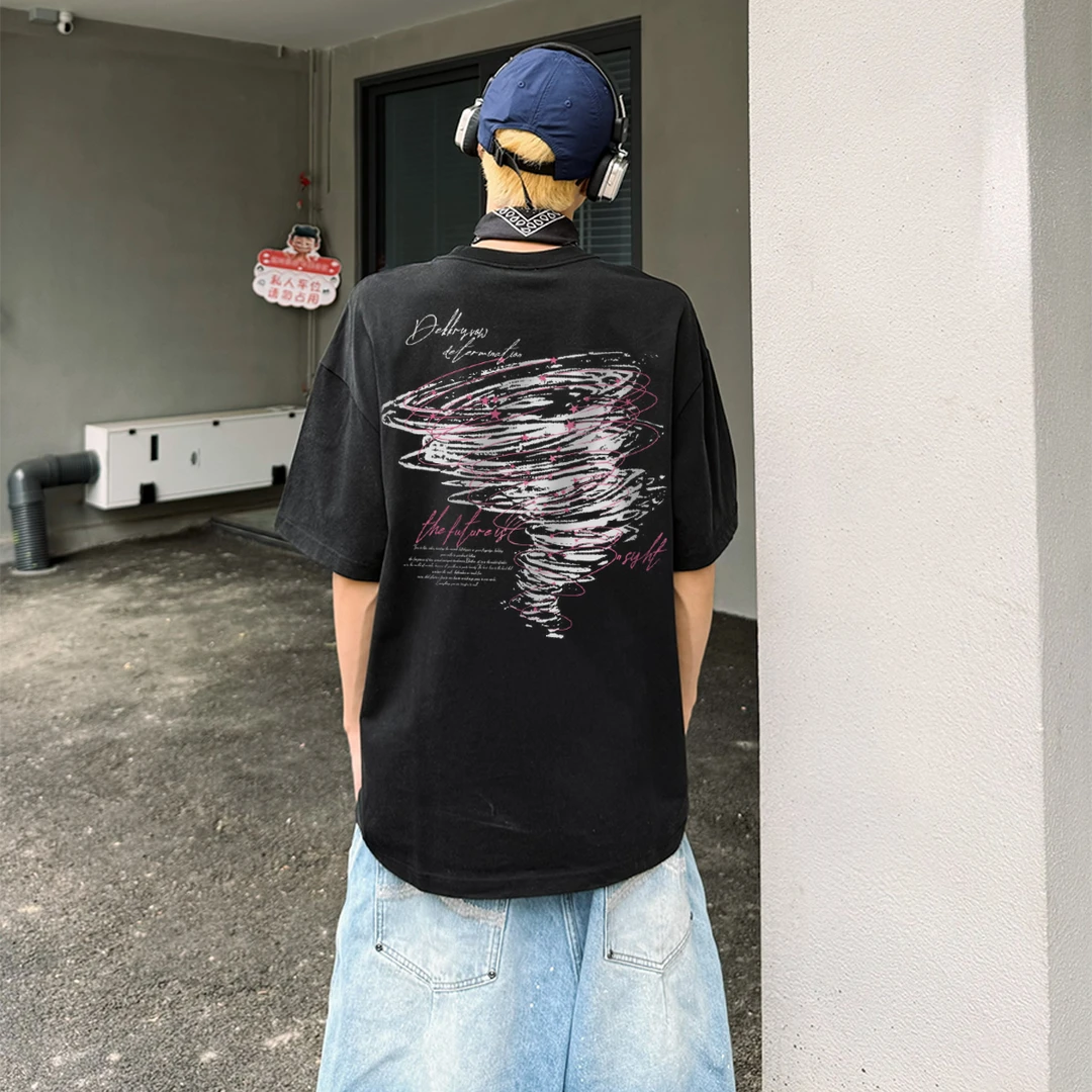 vibe美式创意龙卷风印花短袖T恤男夏季潮牌百搭宽松纯棉情侣上衣