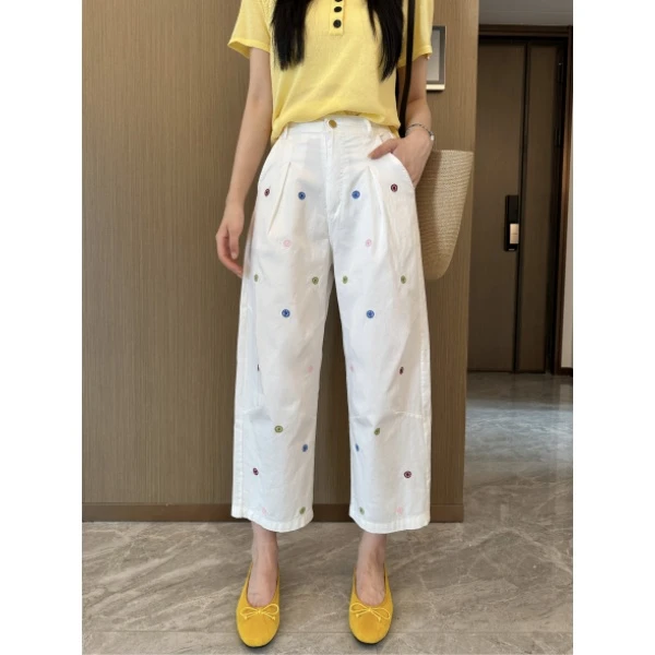 夏季九分波点刺绣牛仔裤弯刀裤女薄款微胖大码遮肉显瘦窄版阔腿裤