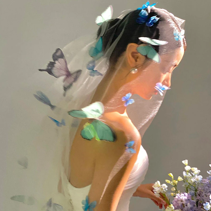 立体蝴蝶珍珠头纱手工新娘头饰发饰新娘结婚礼求婚拍照道具高级感