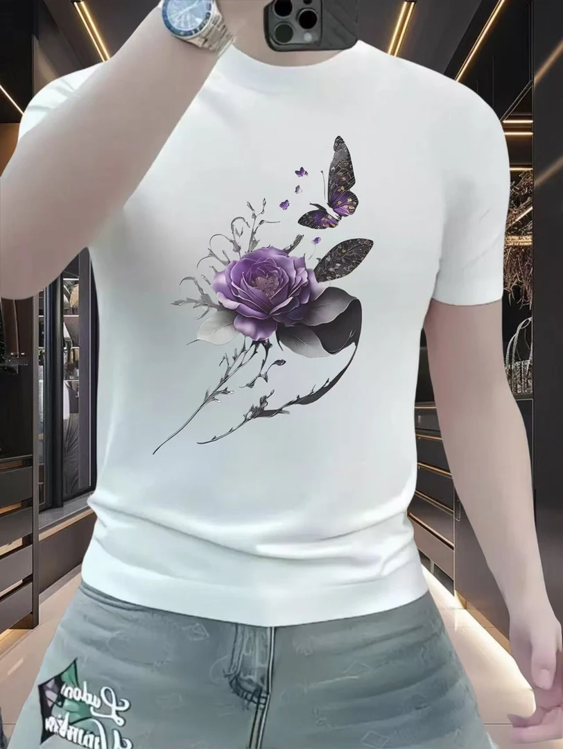 2025新款潮流时尚短袖t恤创意蝴蝶印花设计男士国潮圆领百搭上衣