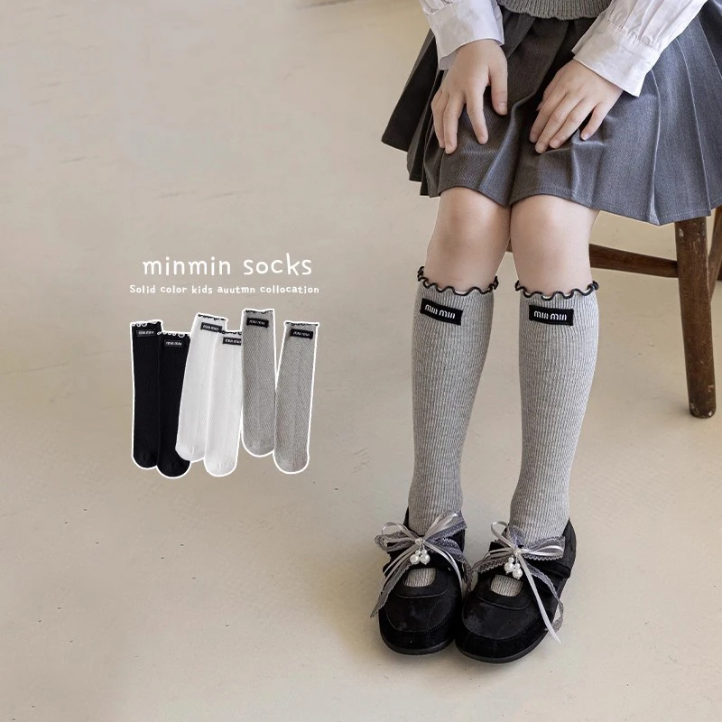 女童长筒袜春秋季儿童韩系甜美miu系木耳边小腿袜秋天女孩中筒袜